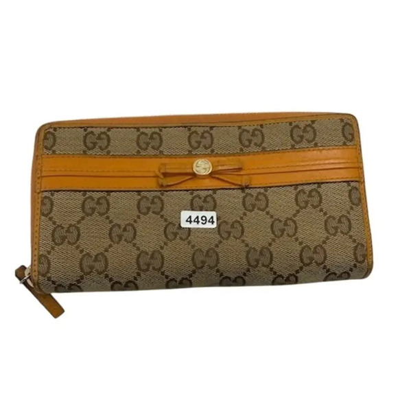 Gucci GG Ribbon Canvas Leather Mayfair Zip Around Wallet Beige Yellow Womens - Picture 1 of 9